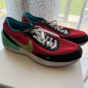 Nike Men's Red and Black Sneakers with Green Accents